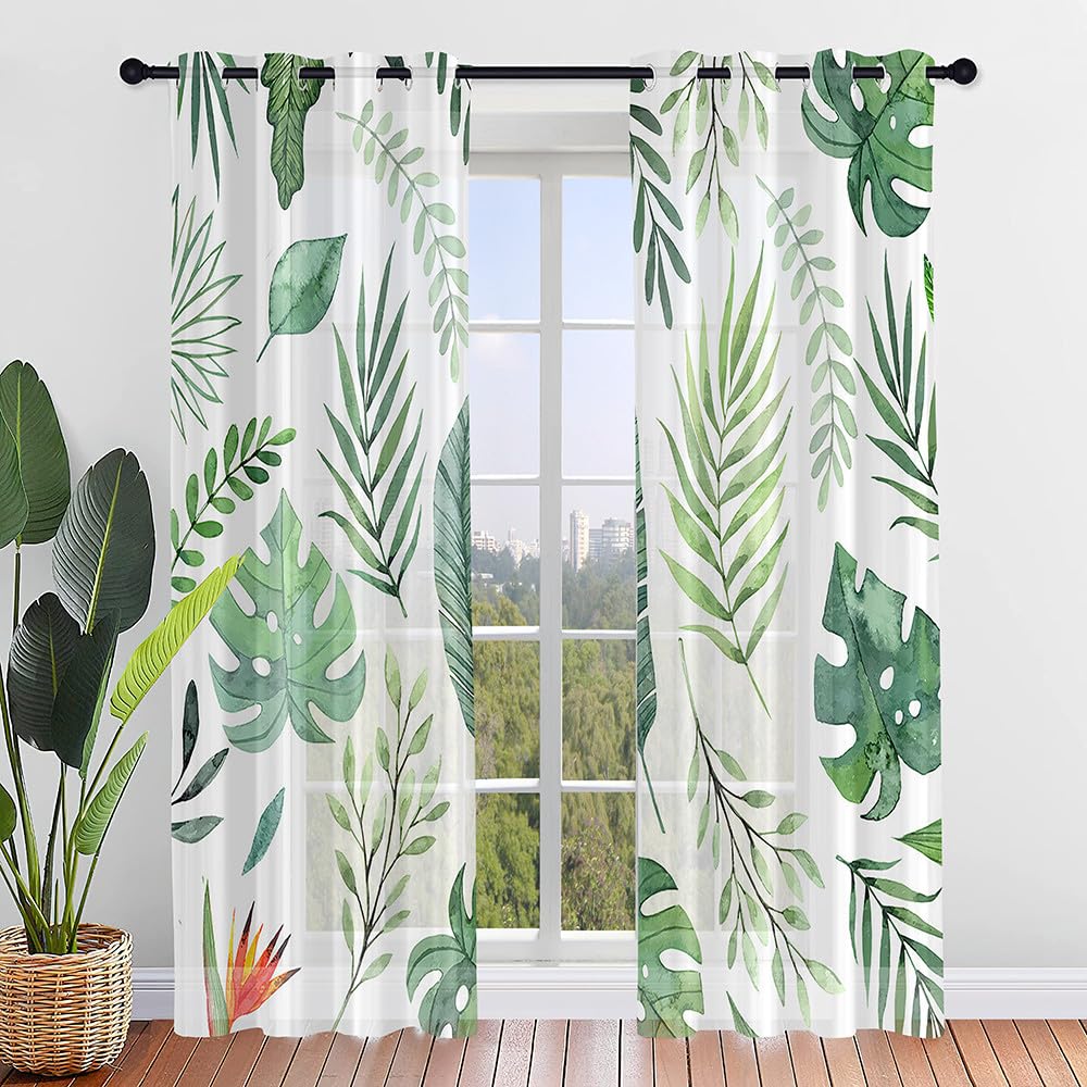Odot Cortinas Visillos Salon Translucidas con Estampado de Hoja de Palma Verde, Cortina para Ventana Dormitorio Cocina Moderno Decorativa con Ojales, 2 Piezas (Plantas Tropicales 6,107x244cm)