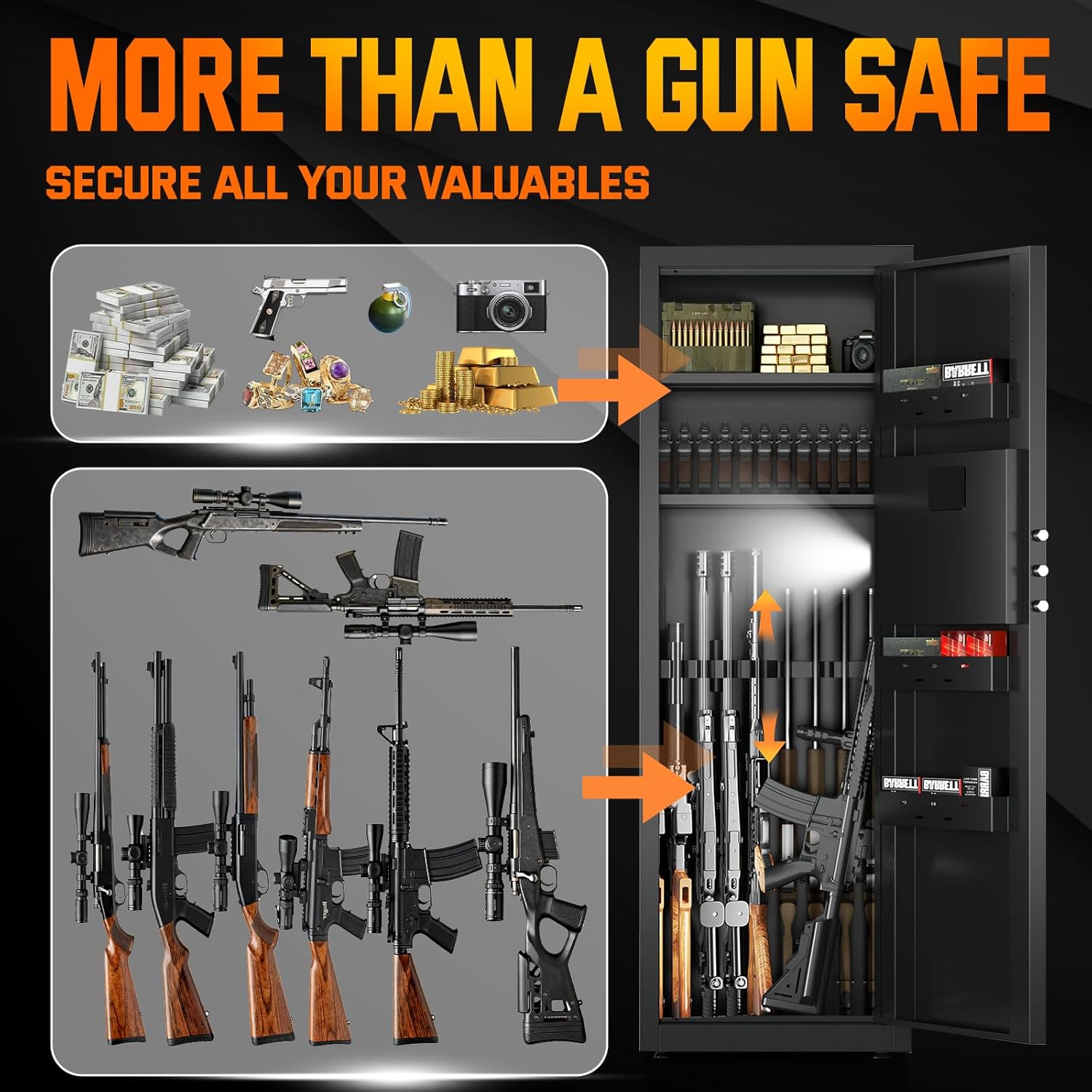 6-10 Gun Safe for Rifle and Pistols,Dual Alarm & Mute Mode Gun Cabinet with Removable Gun Racks,Fingerprint Gun Safes for Shotguns with Multi-Function Panel and Pistol Bags.