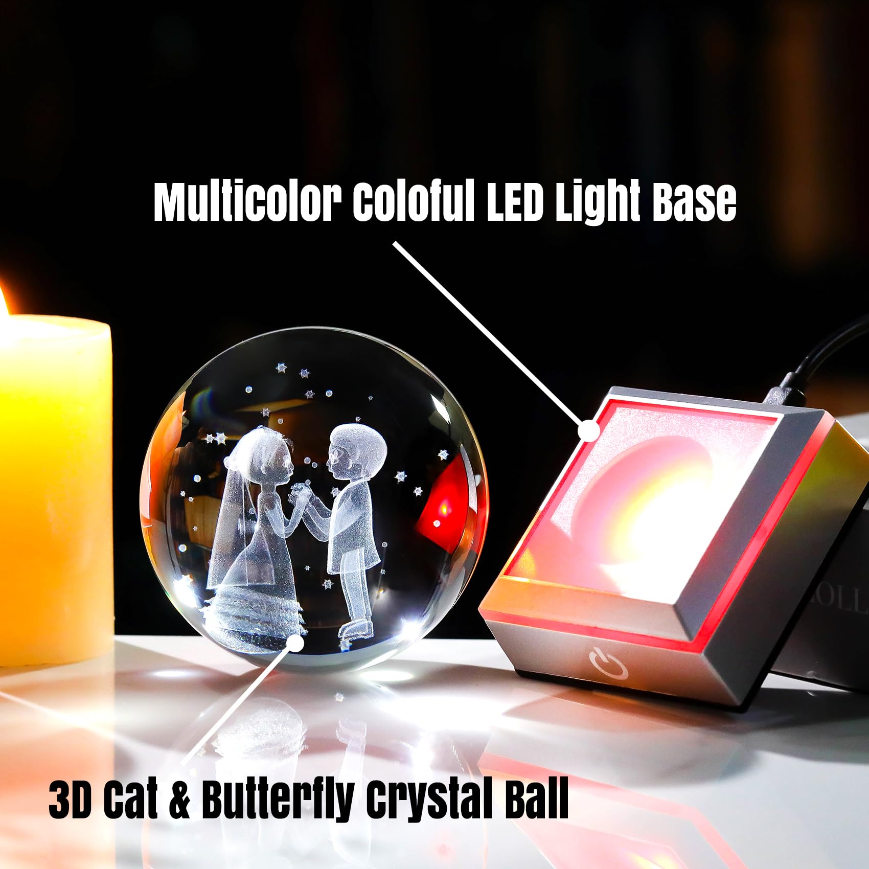 Movdyka Crystal 3D Wedding Couple and Stars Ball 3.15in with LED Lights Gifts for Bride and Groom Decorative Glass Ornaments Sweet Newlyweds Engraving Married Anniversary Presents for Partner - Image 2