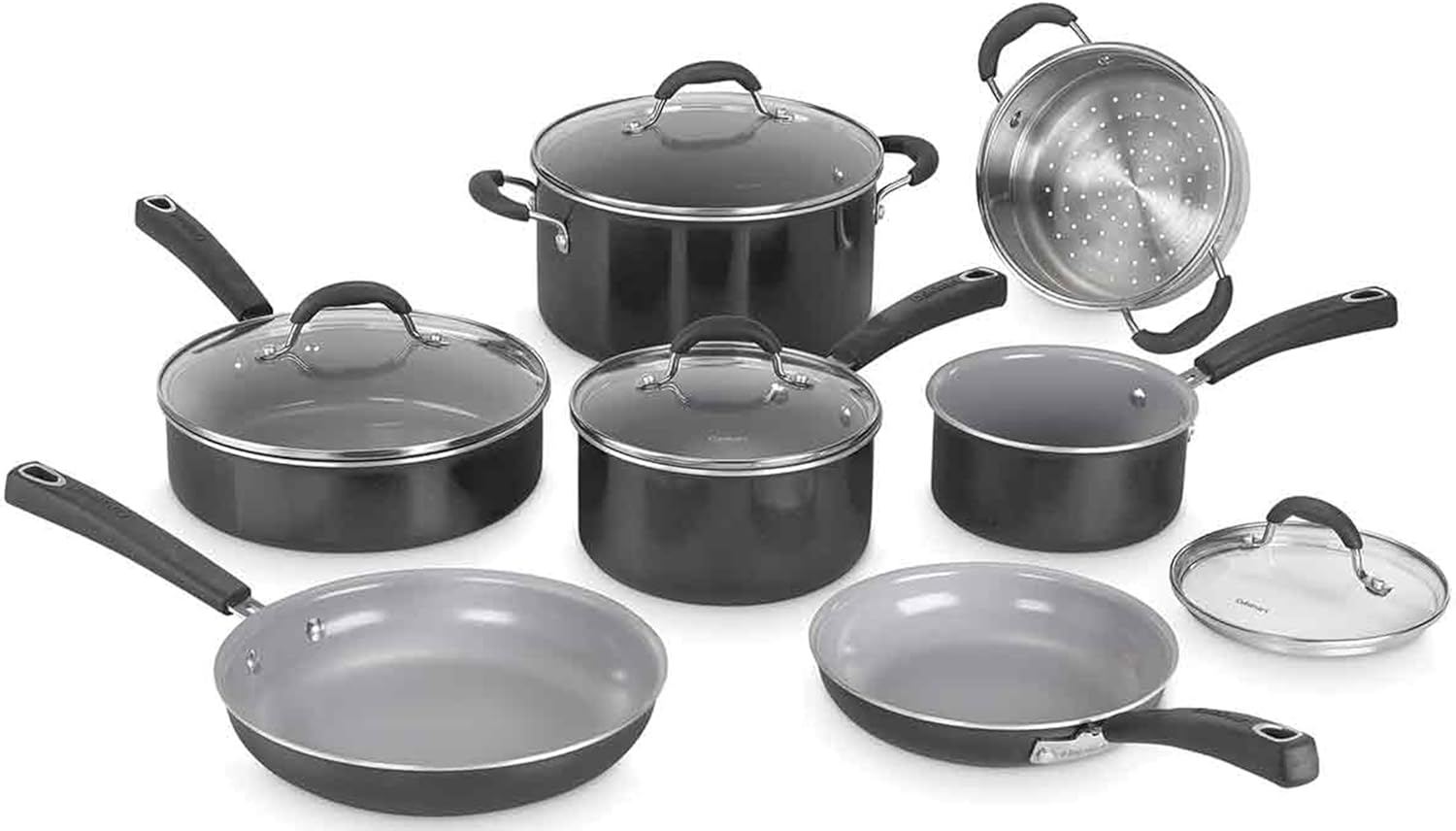 Cuisinart Ceramica XT Non-Stick Cookware Set 11-piece: Saucepans, Frypans, Stockpot, Sauté Pan, Steamer | Titanium-reinforced ceramic interior, PTFE, PFOA & PFAS-free Silicone Cool Grips,Black Ceramic