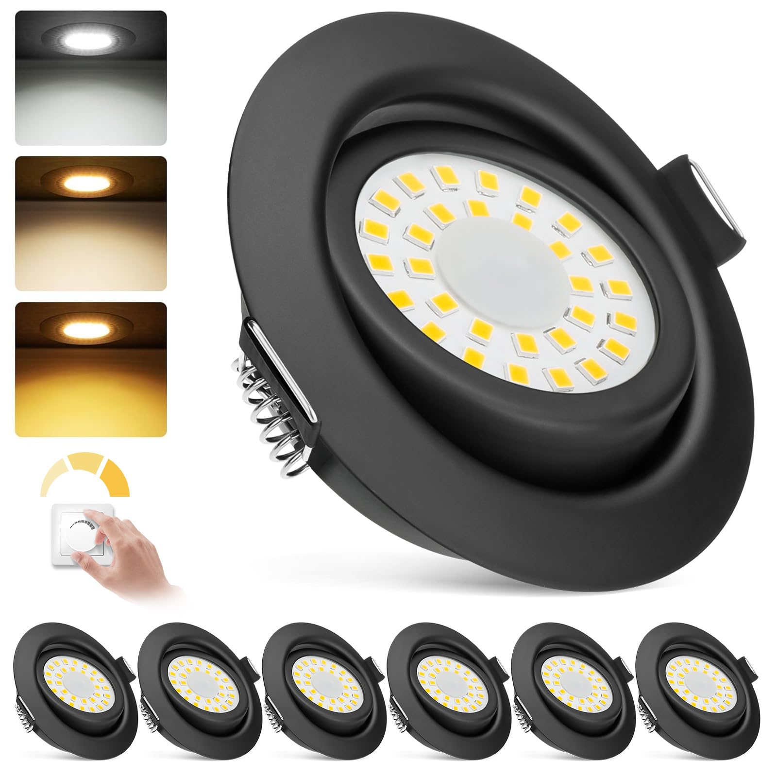 zexhy LED Einbaustrahler Dimmbar LED Spots 230v 5W Schwenkbar Bad Einbauleuchten IP44 Deckenspots Warmweiß 3000K Neutralweiß 4000K Kaltweiß 6000K für Wohnzimmer,Badezimmer,Küche 6er Set Schwarz-Matt