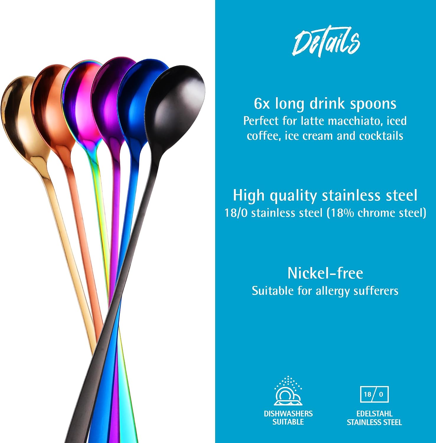GRÄWE Macchiato Ice Cream Spoon and Latte Stainless Steel Long Spoon Ideal for Coffee, Desserts and Ice Tea, Dishwasher Safe, Multi-Coloured