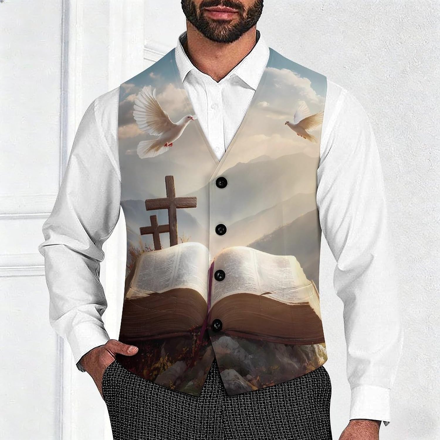 Christian Crosses Dove Mens Slim Fit Suit Vest Dress Waistcoat Casual Business Vest