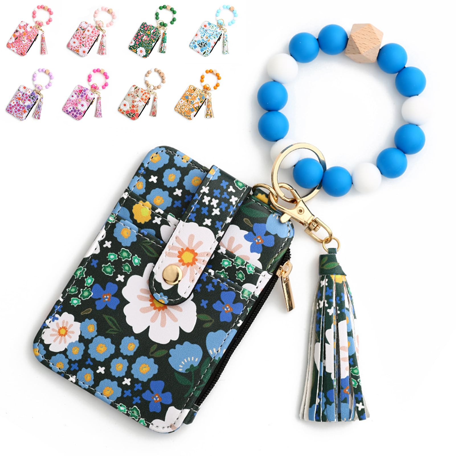 Wristlet Bracelet Keychain Credit Card Holder Purse, Zip Slim Wallet,Tassel Silicone Beaded Bangle Key Ring Wallet for Women