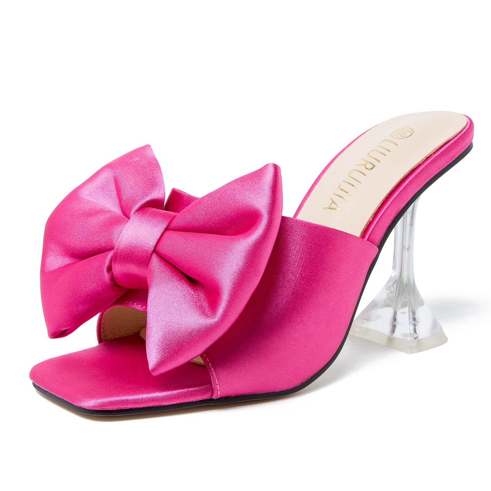 LIURUIJIA Women's Square Open Toe Bow Heels Slip On Heeled Sandals Satin Mules, Wedding Bridal Prom Dress Shoes for Evening Party