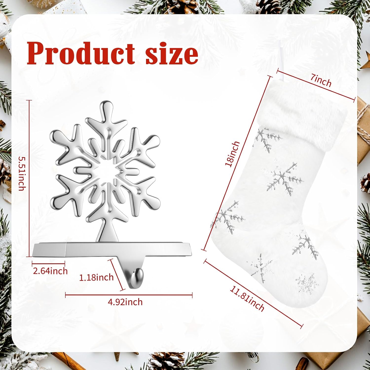 Funnymoom 8 Pcs Christmas Stockings with Holder Set Includes 4 Faux Fur Stocking Ornaments 4 Mantle Snowflake Stocking Hangers Hooks for Xmas Family Party Decoration (White/Silver)