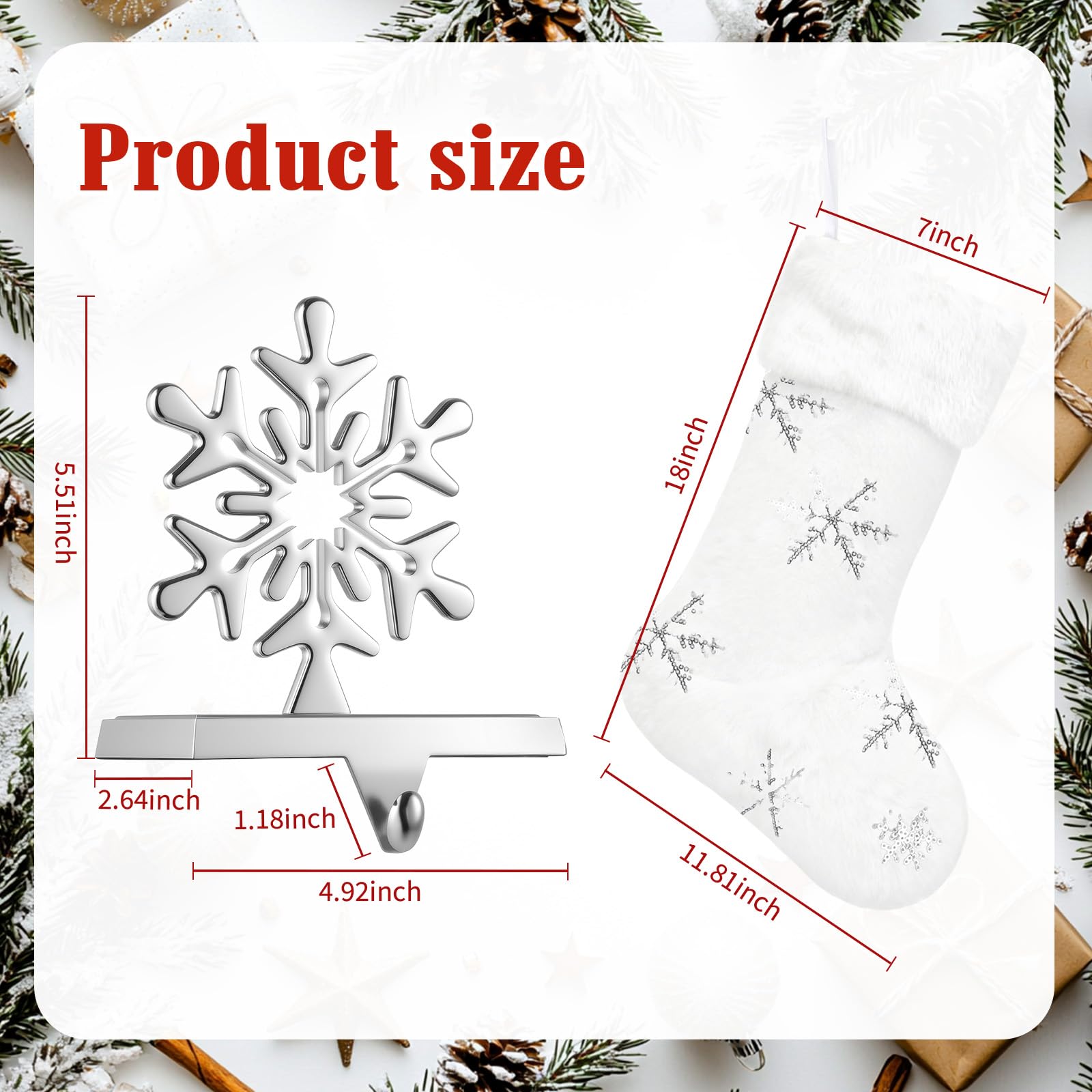 8 Pcs Christmas Stockings with Holder Set Includes 4 Faux Fur Stocking Ornaments 4 Mantle Snowflake Stocking Hangers Hooks for Xmas Family Party Decoration