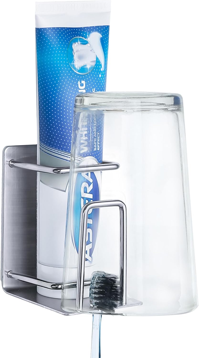 Toothbrush Holder Wall Mounted, Stainless Steel Bathroom Organizer for Electric Toothbrush, Toothpaste & Cup, No Drill Adhesive Shower Caddy (Silver,1 Pack)