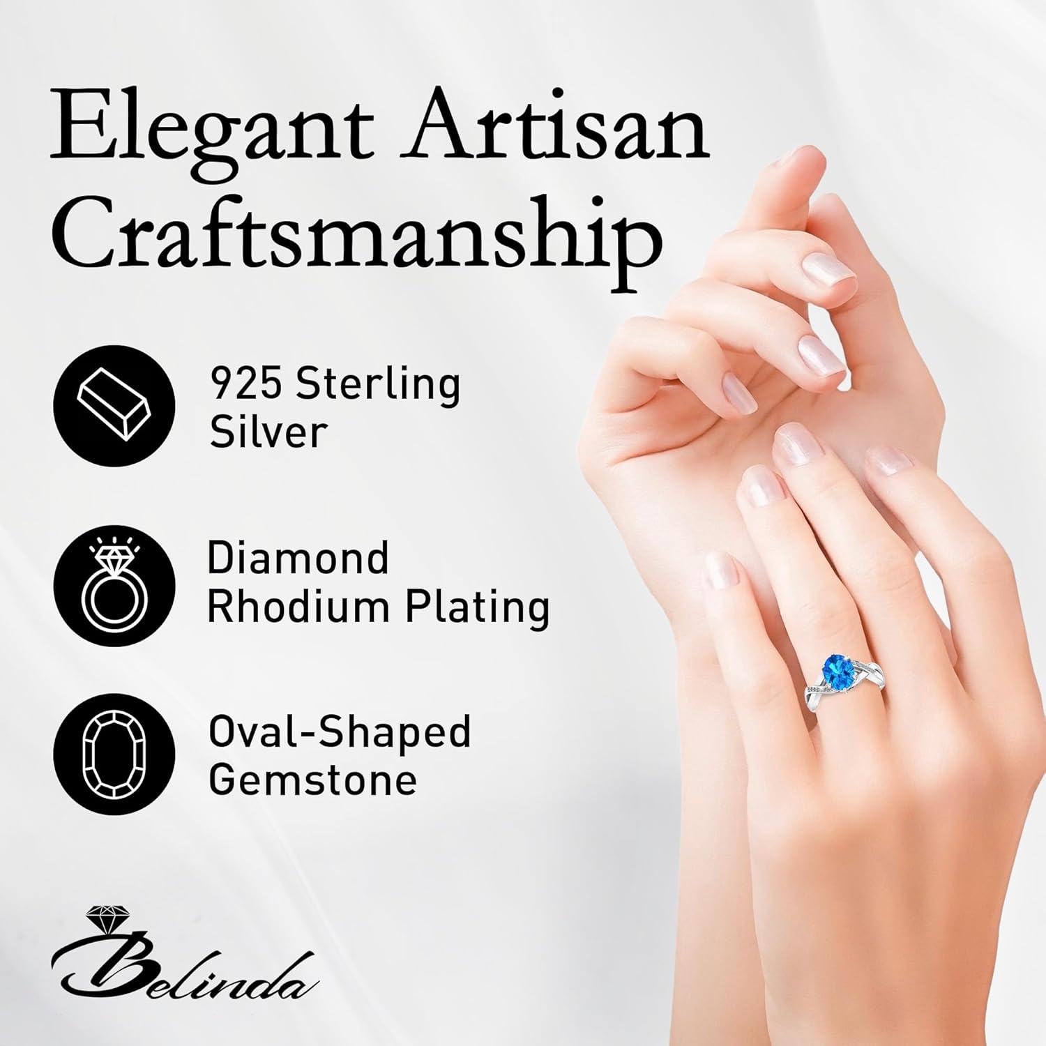 925 Solid Real Sterling Silver 8x10 mm Oval Gemstone Prong Setting Diamond Rhodium Plated Engagement Wedding Classic Womens Fine Jewelry Twisted Band Ring