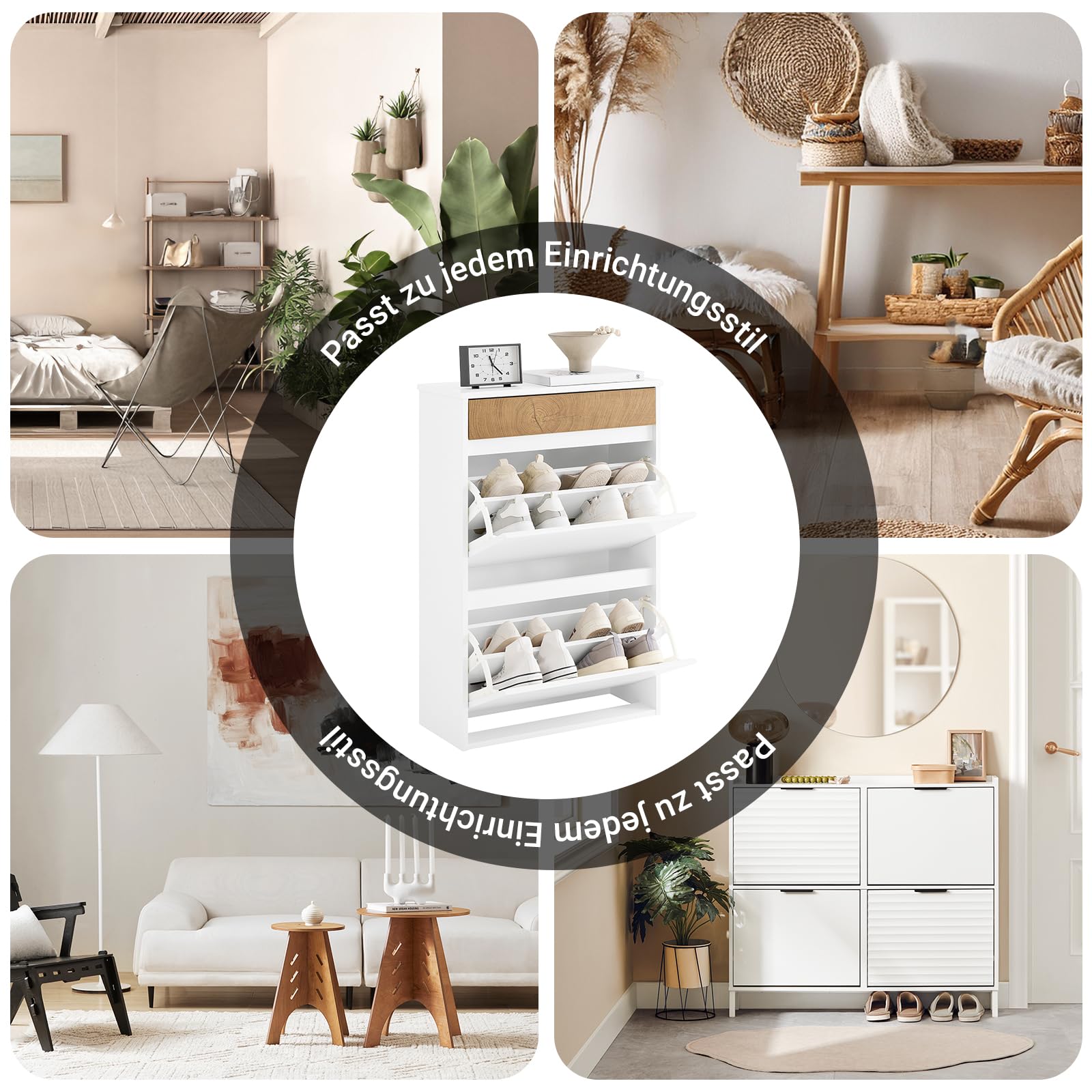 SoBuy Schuhschrank Schmal Hoch – Schuhkipper Schmal mit 2 Klappen & Schublade, platzsparend & modern – Flur Möbel für Eingang, Korridor, Wohnung – 61x26x91cm, Weiß & Holzoptik – FSR205-WN