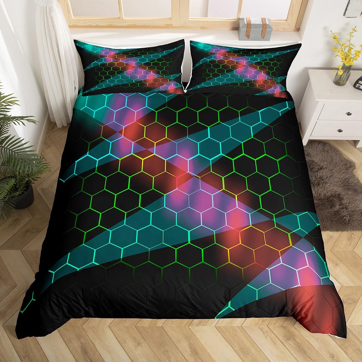 Ensemble de literie en nid d’abeille et housse de couette double hexagonale fille garçon