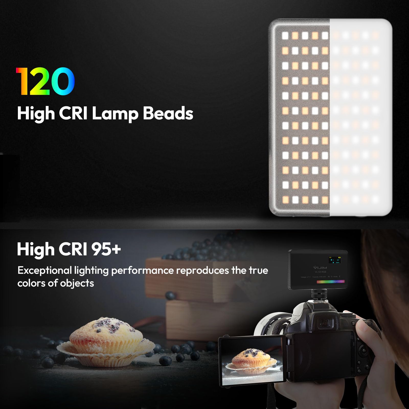 ULANZI VL120 Luce Video RGB, Luce Led Fotografia con Batteria da 3100mAh, Pannello Luce LED da Dimmerabile 2500K-9000K, CRI 95+ per Tiktok/Foto di Prodotti/videocamere DSLR, Fotografia