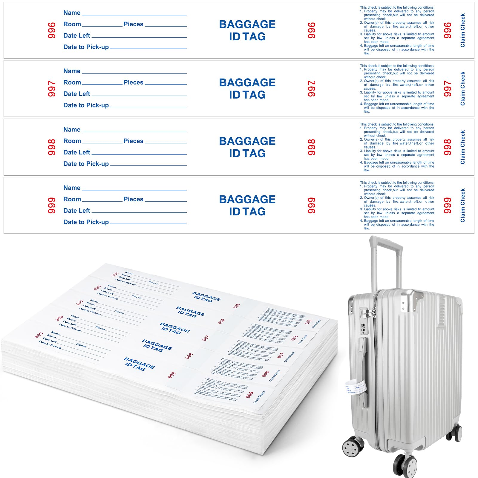 Feifeiya 1000 Hotel Luggage ID Tags with Transfer Tape on Back Paper Baggage Claim Check Tags Numbering from 000 to 999 Baggage Identification for