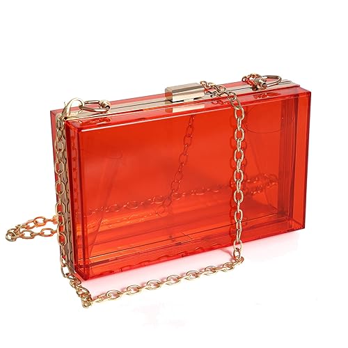 WJCD Women Clear Purse Acrylic Box Clutch Handbag, Small Transparent Crossbody Evening Bag Stadium Approved Gold Chain Strap - Red