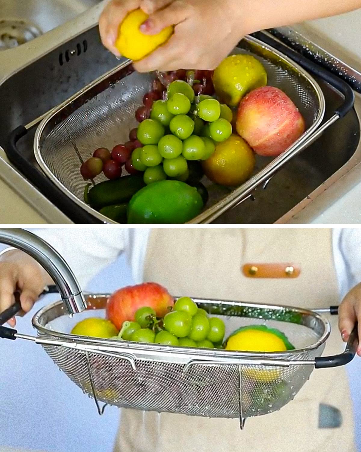 Bastix - Zeef Over De Gootsteen Zeef Uittrekbare Roestvrijstalen Zeef Voor Keukengootsteen 29 5 42 Cm Fijne Zeef Mandzeef Met Handgrepen Voor Het Aftappen Spoelen Fruit Groente Pastazeef