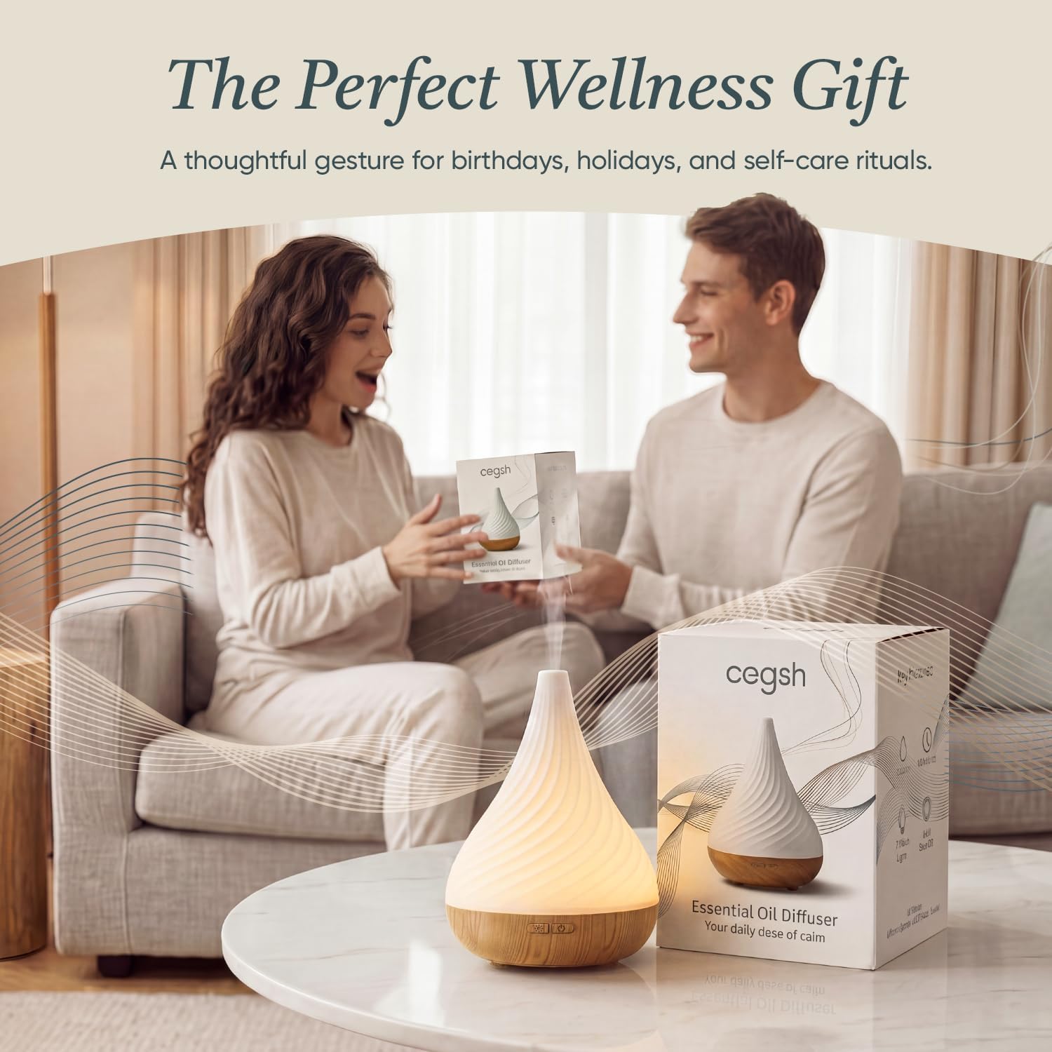 Essential Oil Diffuser with Adapter, 130ml Aromatherapy Scent Machine for Home & Office, 7 Color LED & Breathing Light Cool Mist Humidifier, 2 Mist Modes Last up to 8 Hours, Auto-Off, Spiral