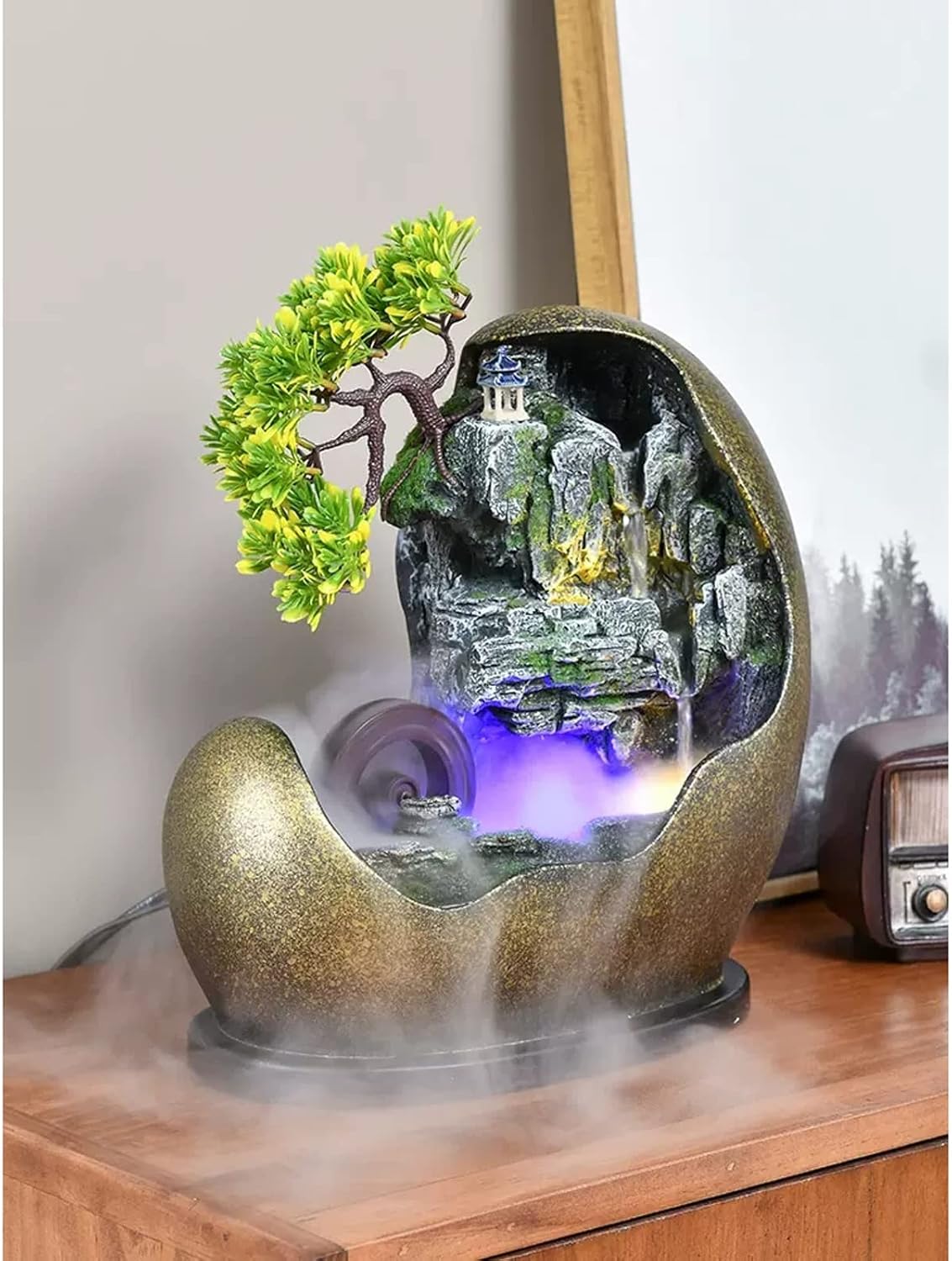 Tabletop Water Fountain Tabletop Water Fountain in Artificial Bonsai Design Indoor Waterfalls Fountains Decorative Feng Shui Tabletop Fountain with Automatic Pump Best Home Gifts for Friends or Family