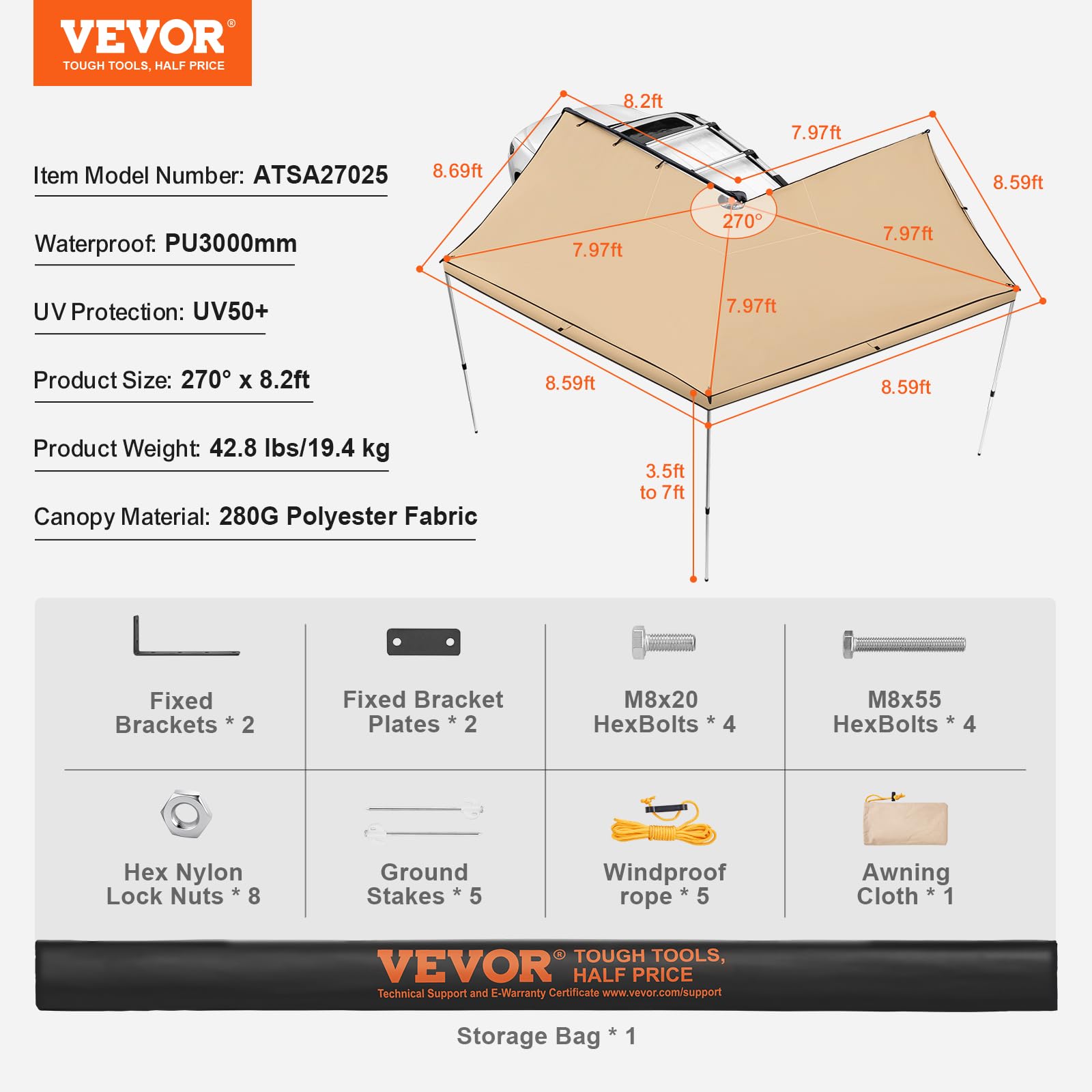 VEVOR Auvent Voiture Rétractable 270° 2,5 m Auvent Latéral Voiture PU3000 mm UV50+ Résistant Soleil/Eau/Vent avec Sac de Rangement en PVC, Auvent sur Côté/à l'Arrière pour Camions, SUV, Fourgonnettes