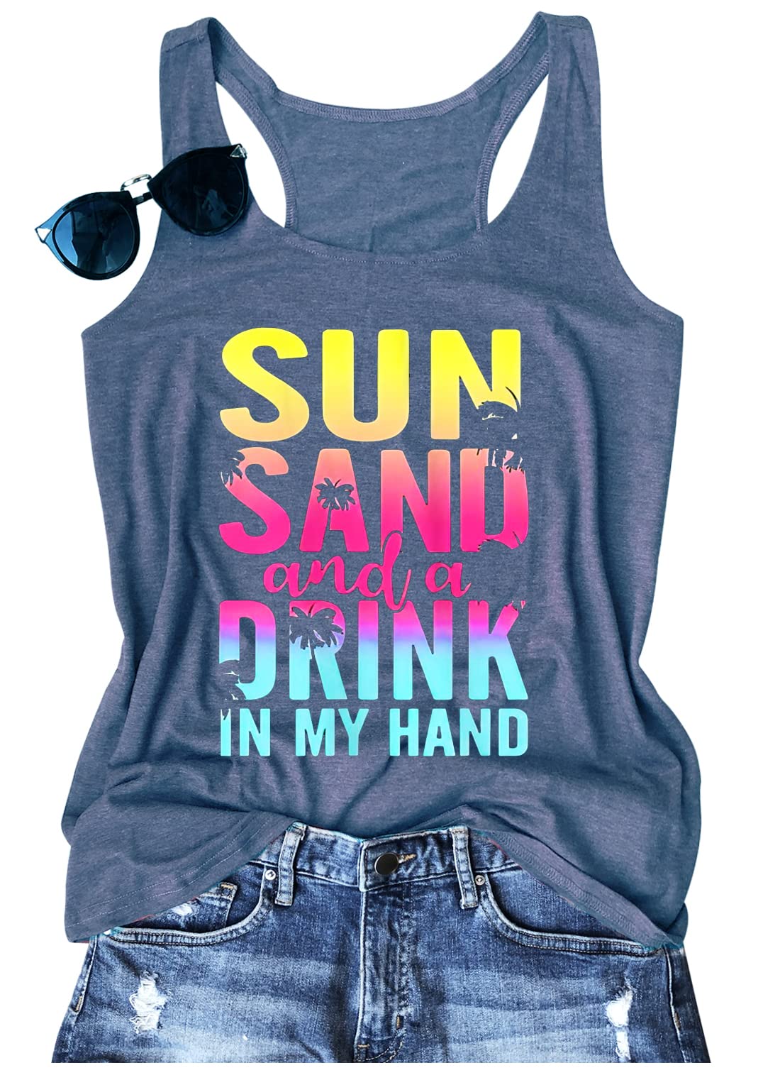 Sun Sand and A Drink in My Hand Tank Tops Womens Summer Beach Graphic Sleeveless T Shirt Cute Country Vacation Tank Cami, Dust Blue, Medium