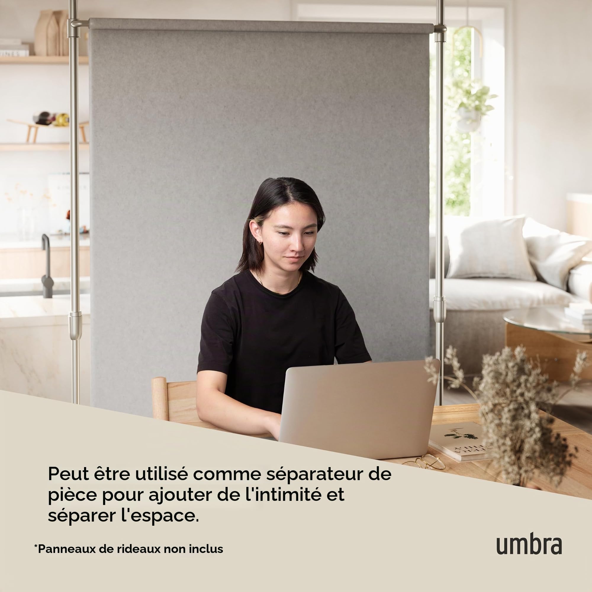 Umbra Anywhere Rod. Barre à Rideau sans Percage, pour Fenêtre Ou Séparation de Pièces, Téléscopique en Largeur et Hauteur. Métal Coloris Nickel