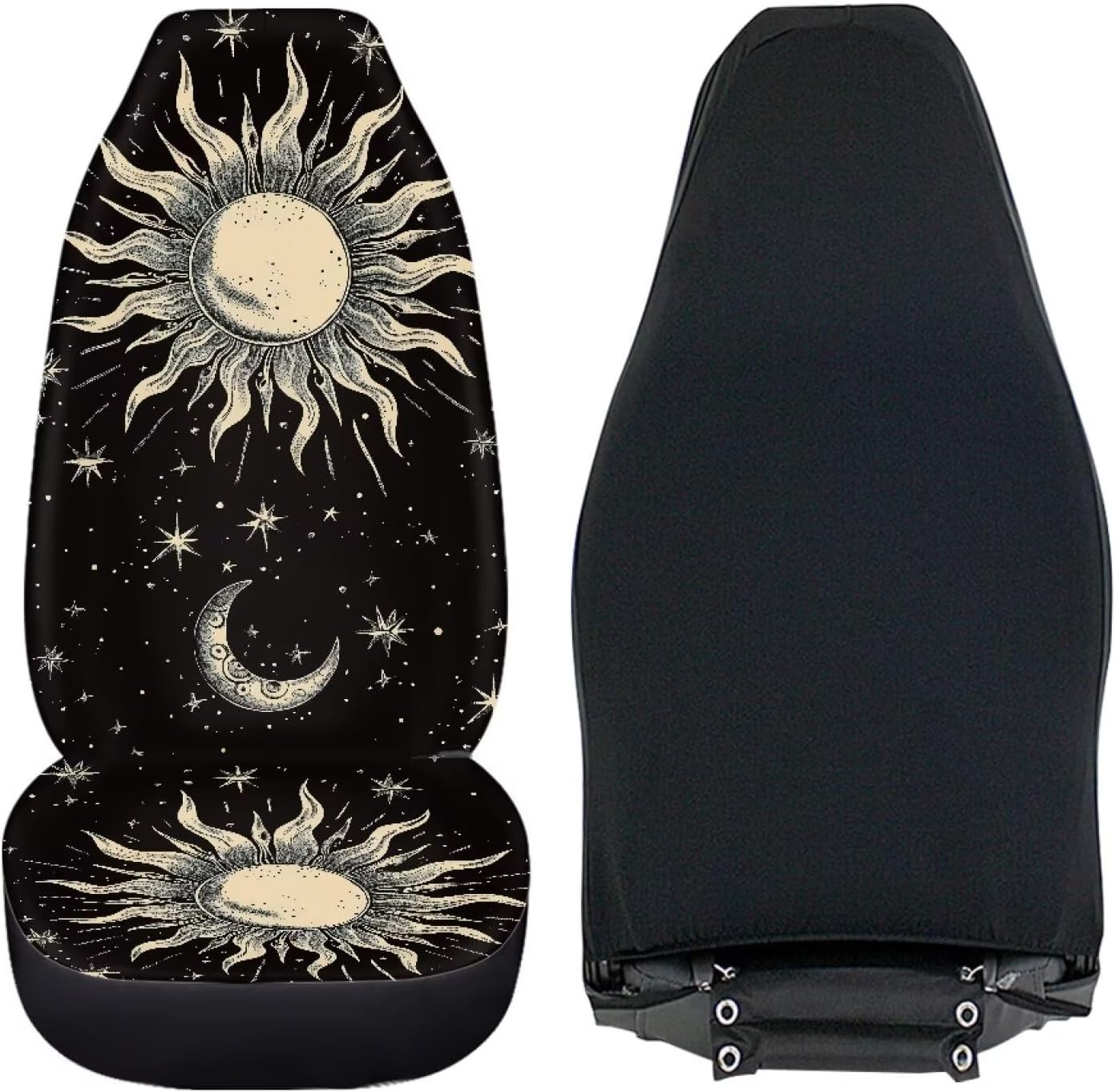 Kuiaobaty Black Car Seat Covers for Front Seats Sun Moon and Stars Printed Car Seat Covers Set in Cloth Universal Fit Washable Car Seat Cover for SUV, Sedan, Van