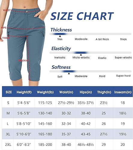 Miniatura 6 de Pantalones de senderismo para mujer, ligeros, para exteriores, estilo capri para atletismo, casual, con UPF 50, bolsillos con cremallera de secado
