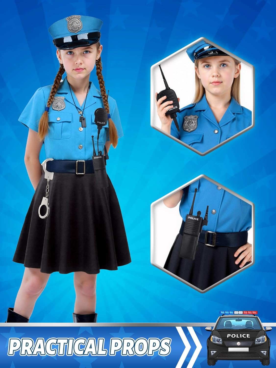 Police Costume for Girls,Police Officer Costume for kids Halloween Costumes for Girl,Cop Outfit Uniform for Girls - Image 4