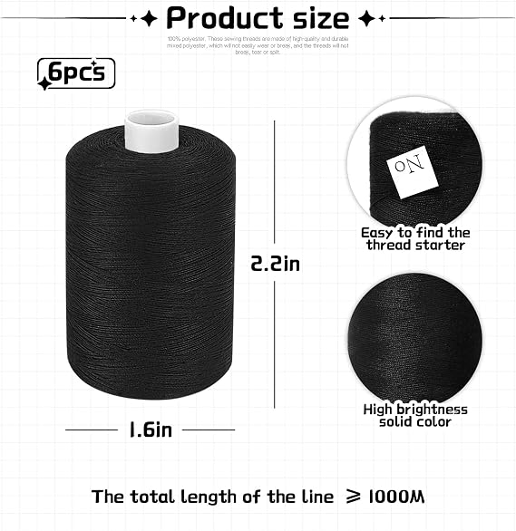 Black Thread for Sewing, 6 Spools of 1000 Yards Polyester Quilting Thread