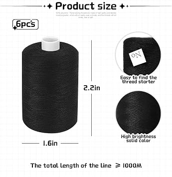 Black Thread for Sewing, 6 Spools of 1000 Yards Polyester Quilting Thread
