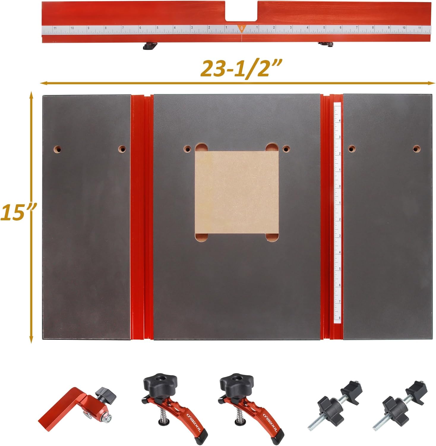 O'SKOOL Drill Press Table with Adjustable Aluminum Fence, Flip Stop, and Replaceable Insert – Fits 12-Inch and Larger Drill Presses – 23-5/8" x 15" x 1" MDF Work Surface, DAB022