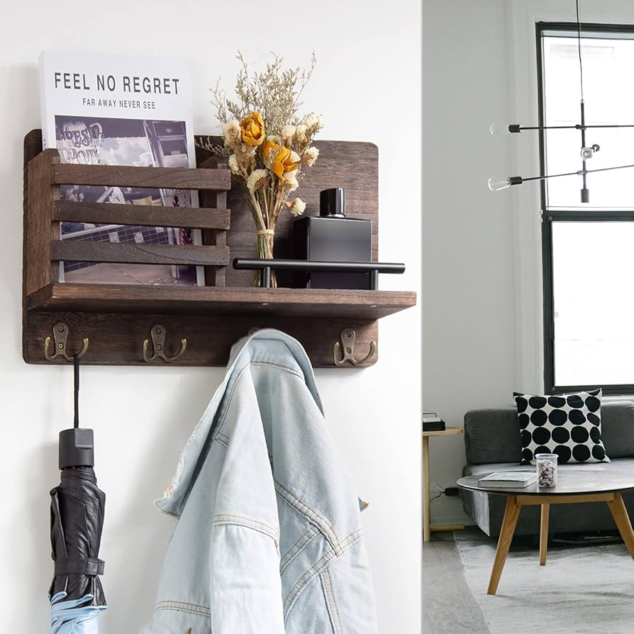 Vintage Gray Wood Wall Mounted Entryway Organizer With Mail