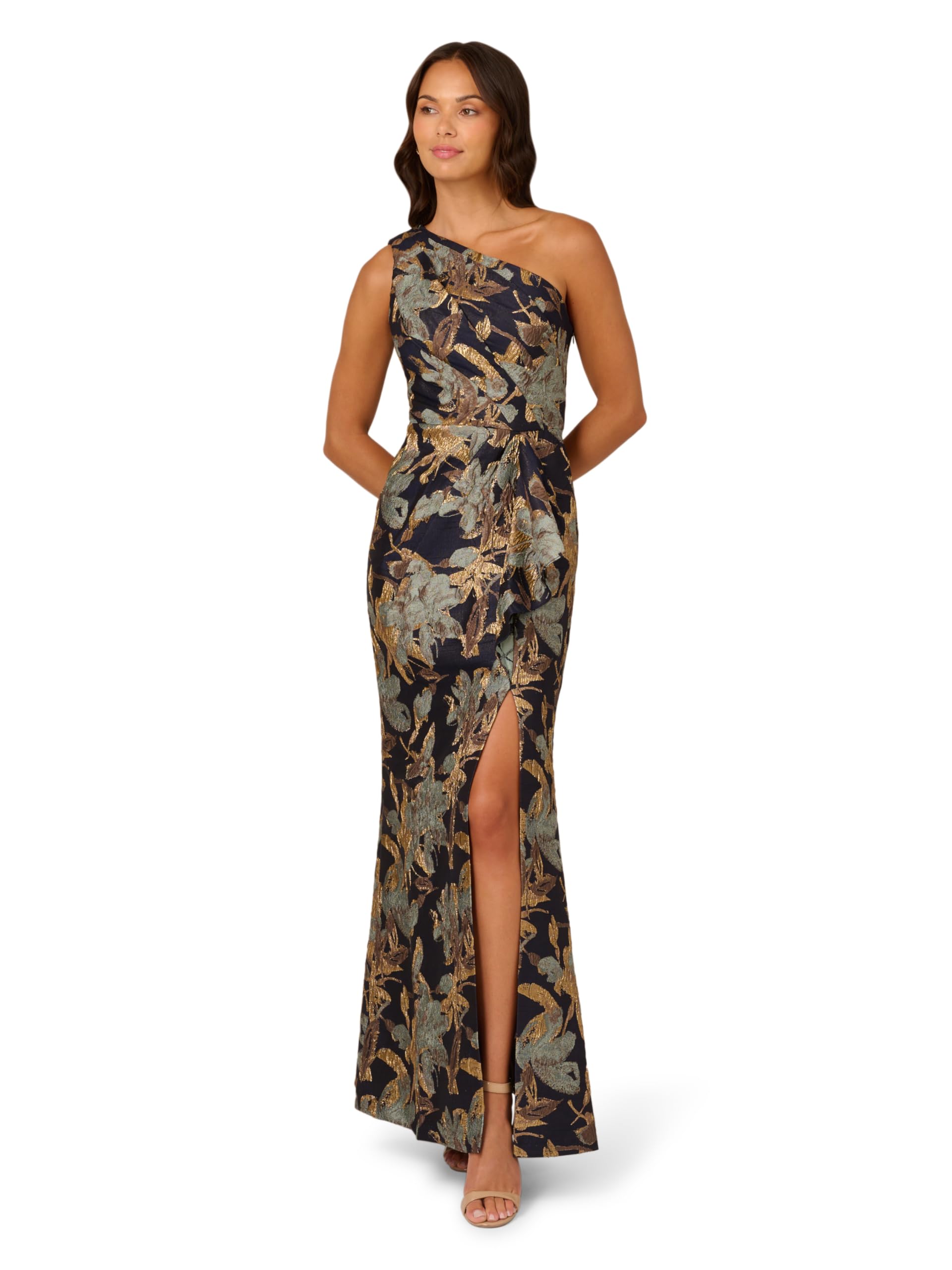 Photo 1 of Adrianna Papell Women's One Shoulder Jacquard Dress | Formal Evening Gown with Metallic Floral Design & Side Leg Slit, Blue/Gold 10