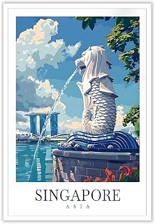 Trendy Merlion Statue Scenery Wall Art Funky Marina Bay City Landscape Canvas Posters Asia Singapore Travel Prints Painting For Family Living Room Bedroom Wall Decor 8x12in Unframed