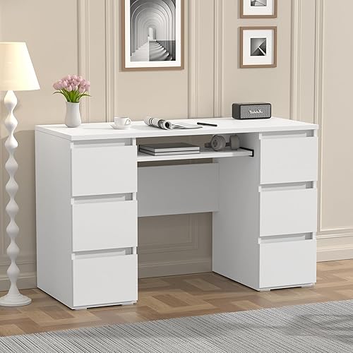 Miniatura 2 de Escritorio para computadora con 6 cajones, escritorio de oficina en casa de 47 pulgadas con estante de almacenamiento y teclado, escritorios de