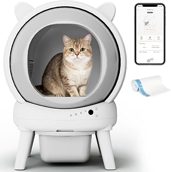 Automatic Cat Litter Box, Self Cleaning Litter Box Smart Robot for Multiple Cats, APP Real-Time Monitor, Odor & Noise Control, Safe Anti-Pinch, Trash Bag Included,Ivory White