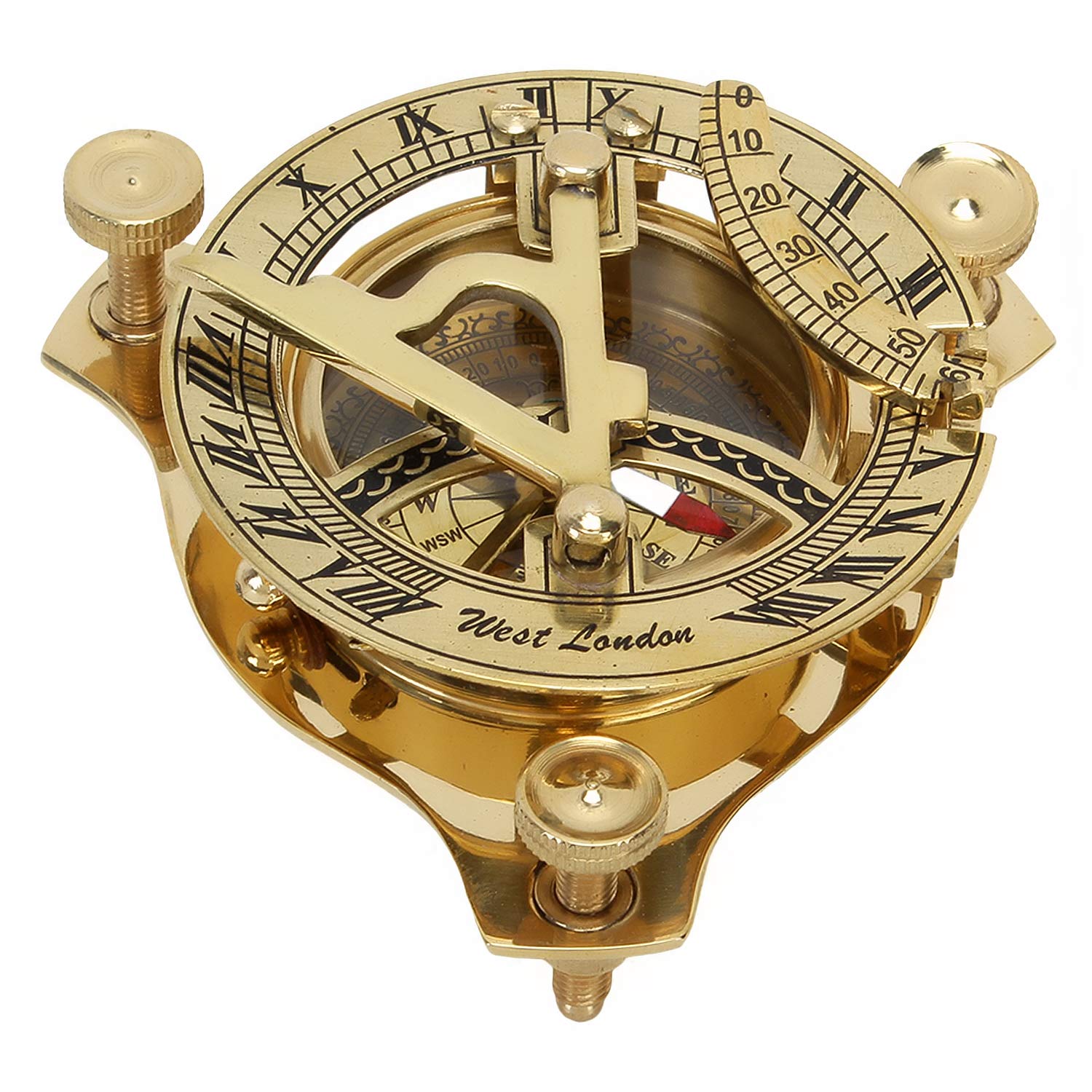 Reloj solar antiguo con brújula, cronómetro de latón, en caja de madera, con instrucciones, aguja de brújula regulable