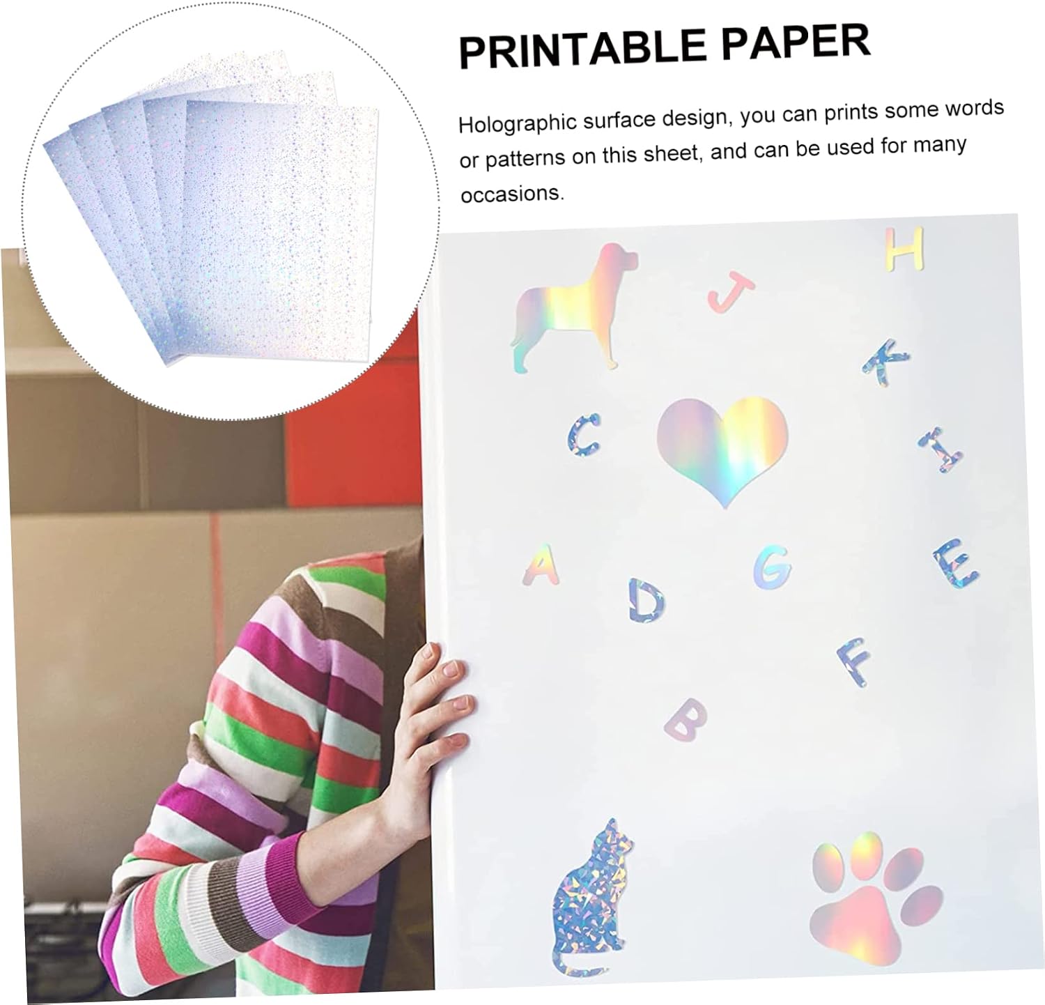 SHOWERORO 20 Sheets Shiny Adhesive Holographic Sticker Paper Sheets Multi-use for Crafts Decorations