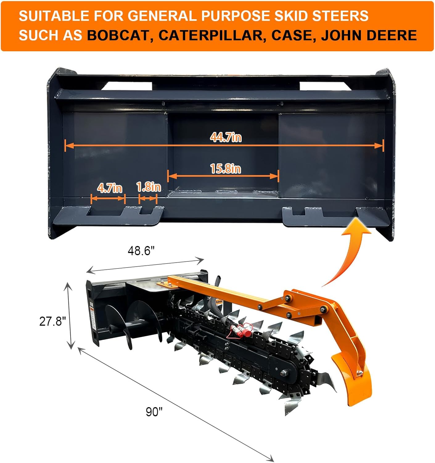 Skid Steer Attachment Trencher/Ditcher - 48"Trenching Depth, 8" Width, 15" Auger, Ideal for Utility & Irrigation Installation​