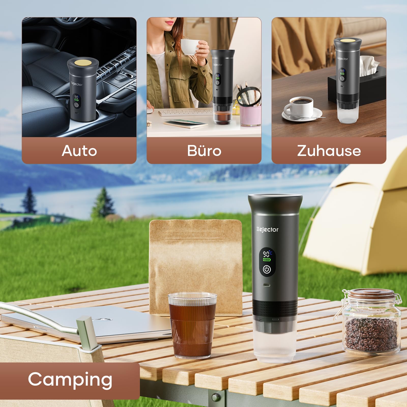 kejector Tragbare Espressomaschine mit Akku, 3-IN-1 für gemahlenem Kaffee und Kapsel, Digitalanzeige