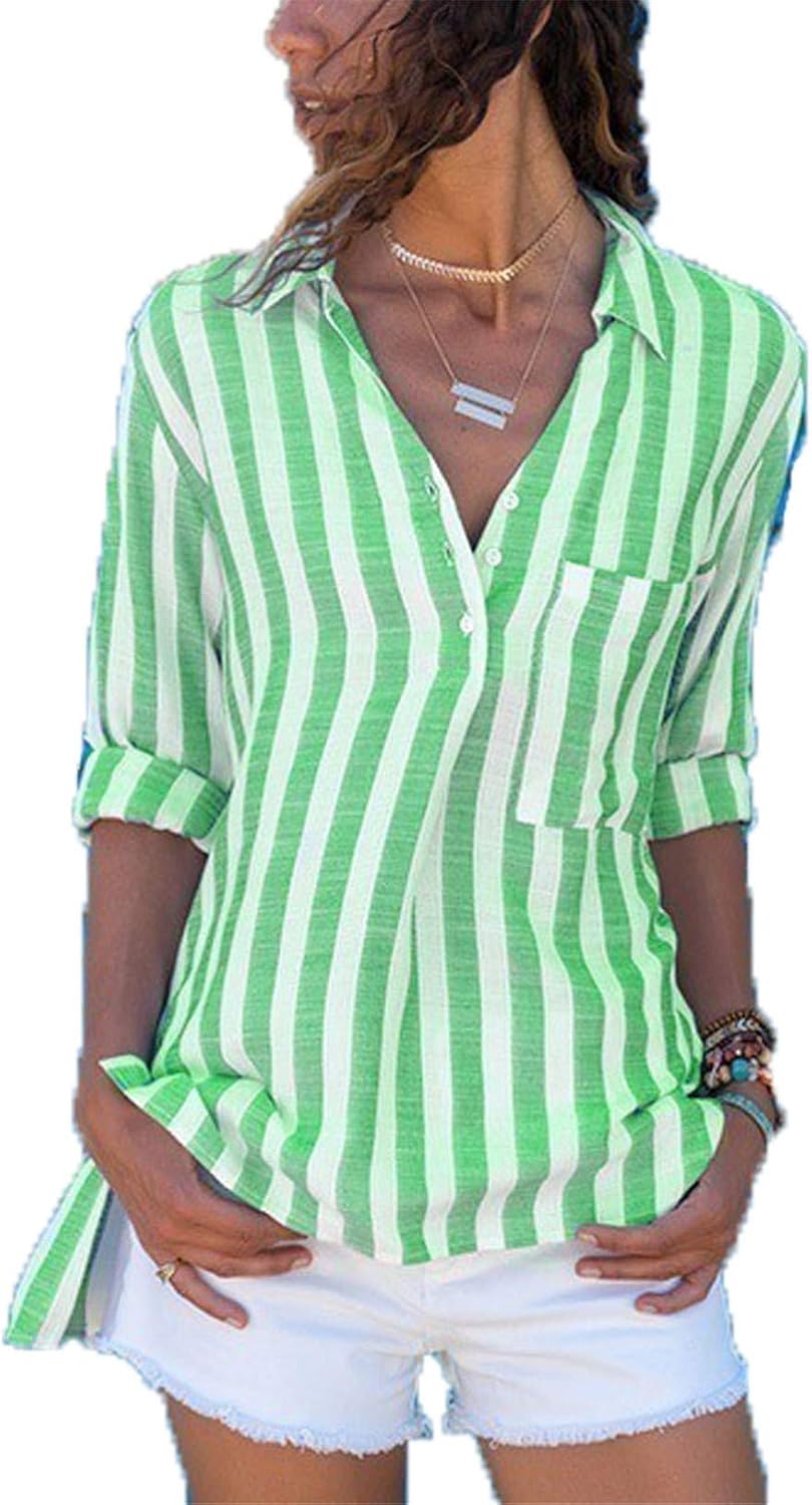 Andongnywell Women's Striped Printed Lapel Shirt V Neck Long Sleeves Loose Casual with Pockets Button Blouse