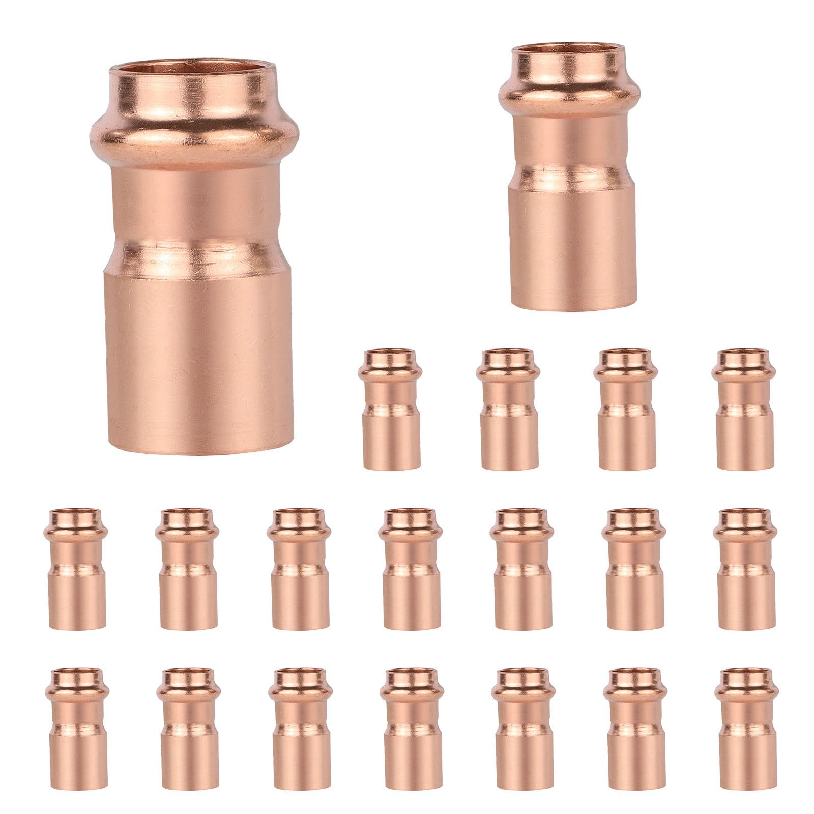Paquete de 20 reductores de buje de cobre a presión GUOFIS de 1-1/2" FTG x 1/2", buje de cobre para accesorios de presión para plomería, transición de tamaño de tubería en sistemas de agua y HVAC.