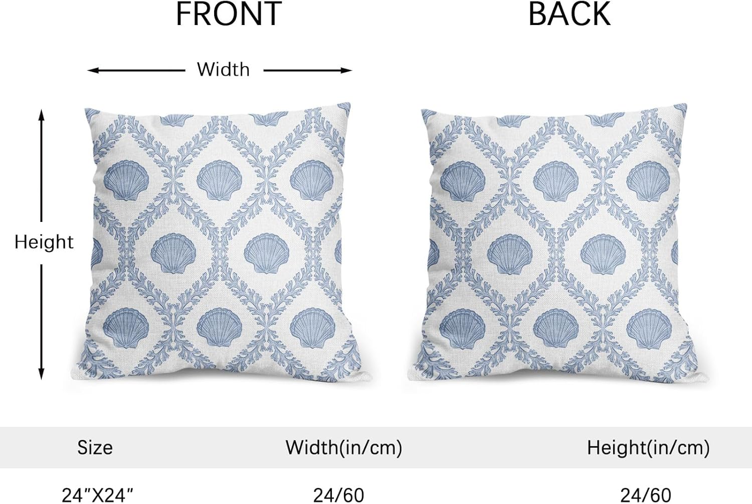 Light Blue Coastal Pillow Covers 24x24 Set of 2 Ocean Coral Shell Pattern Outdoor Decorative Linen Summer Throw Pillows Cases with Zipper Cushion Cover Rustic Decoration Farmhouse Sofa Couch Bed Decor