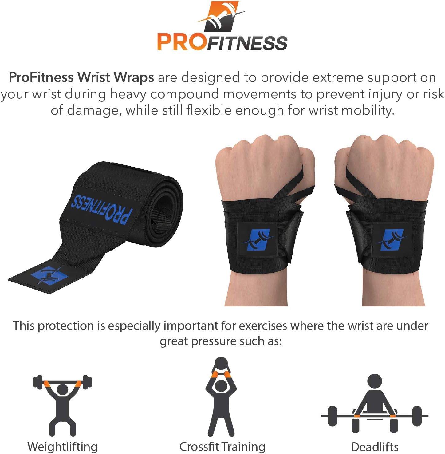 ProFitness 18" Weight Lifting Wrist Wraps W/Thumb Loop Hole for Men & Women | Great for Weightlifting, Powerlifting, Cross Training & Strength Training | Premium Wrist Stability & Injury Prevention
