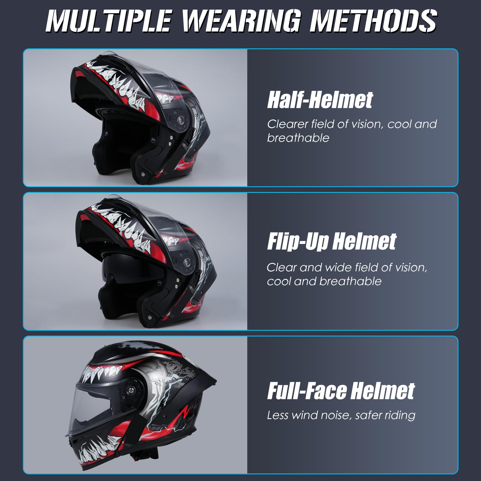 Motorradhelm, Leichter, hochklappbarer modularer Integralhelm, Klapphelm mit Doppelvisier und wiederaufladbarem LED-Rücklicht Klapphelm für Erwachsene, Männer und Frauen-L