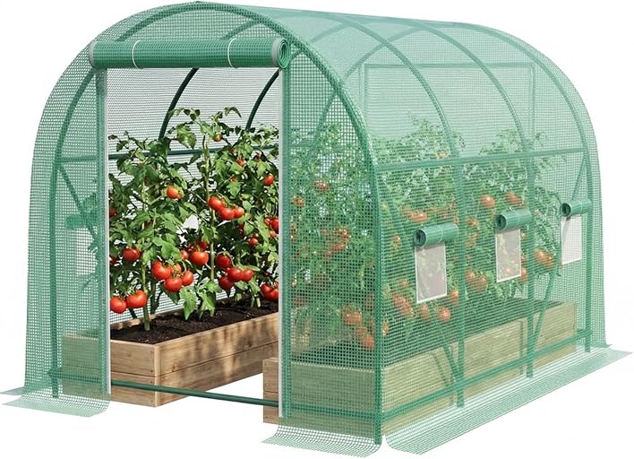 10×7×7 FT Greenhouses for Outdoors Heavy Duty, Large Walk in Green Houses for Outside with 6 Ventilated Mesh Windows & Roll-up Door & Reinforced Frame