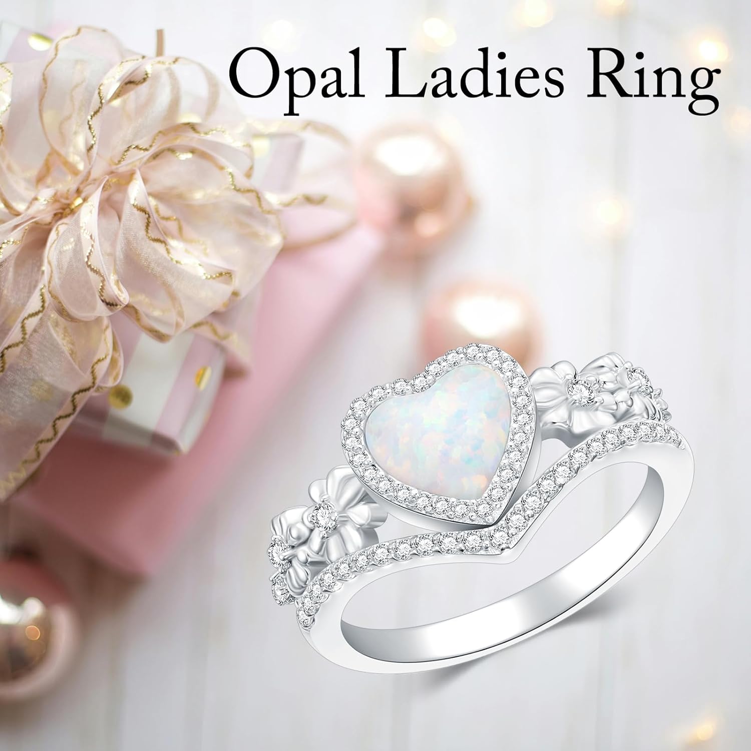 925 Sterling Silver Daisy Heart-Shaped Opal Ring with Cubic Zirconia,Flower Stacking Statement Wedding Band Ring for Women Jewelry Gifts for Her(Size 5-10) - Image 2