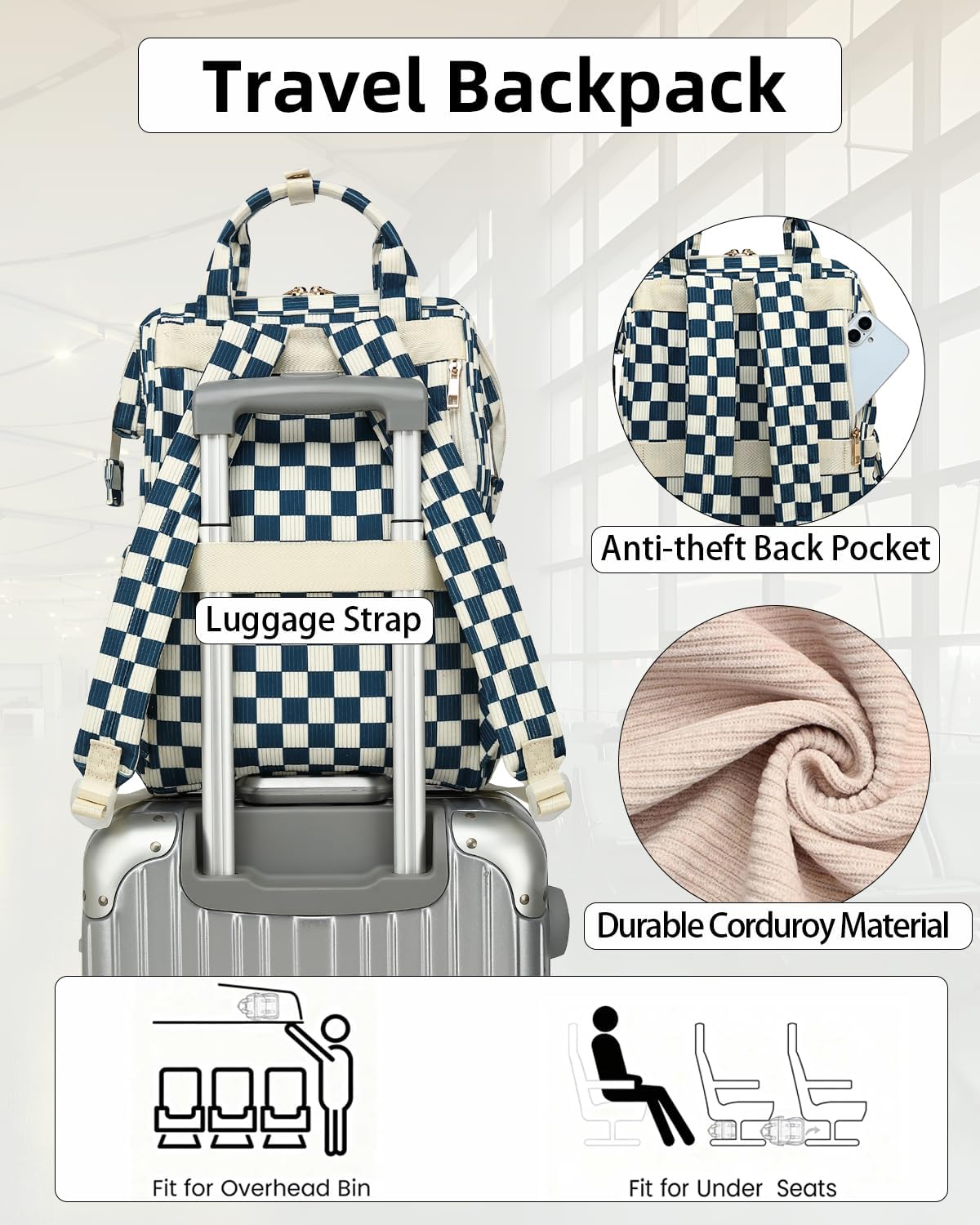 Laptop Backpacks for Women, Corduroy High School College Bookbag 15.6 Inch Laptop Bags for Girls Travel Daypack - Checkered Navy Blue - Image 5