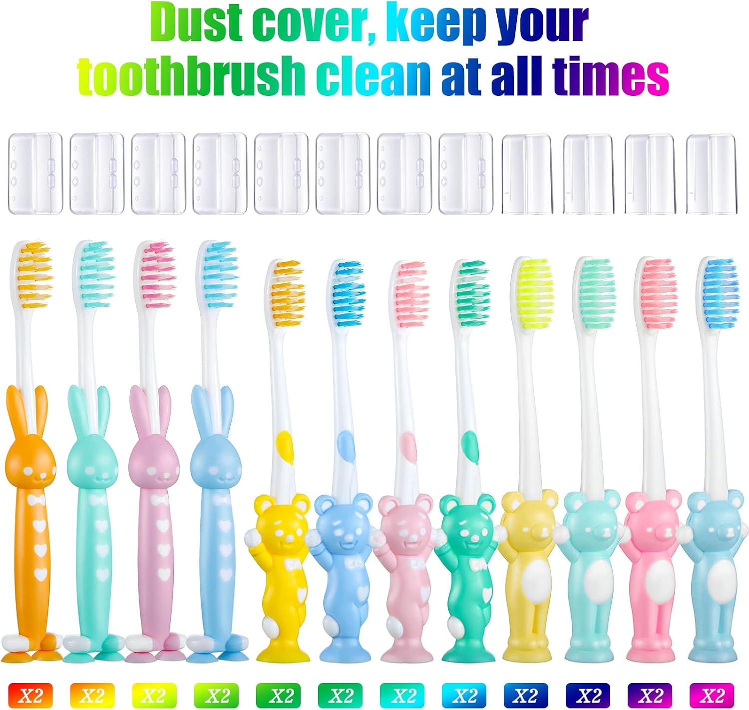 Patelai 24 Pcs Toddler Toothbrush for Age 2 up, Kids Toothbrush Set with Covers, Soft Children Manual Brushes Bulk with Suction Cup for Upright Storage, Rabbits and Bears Brushes for Travel