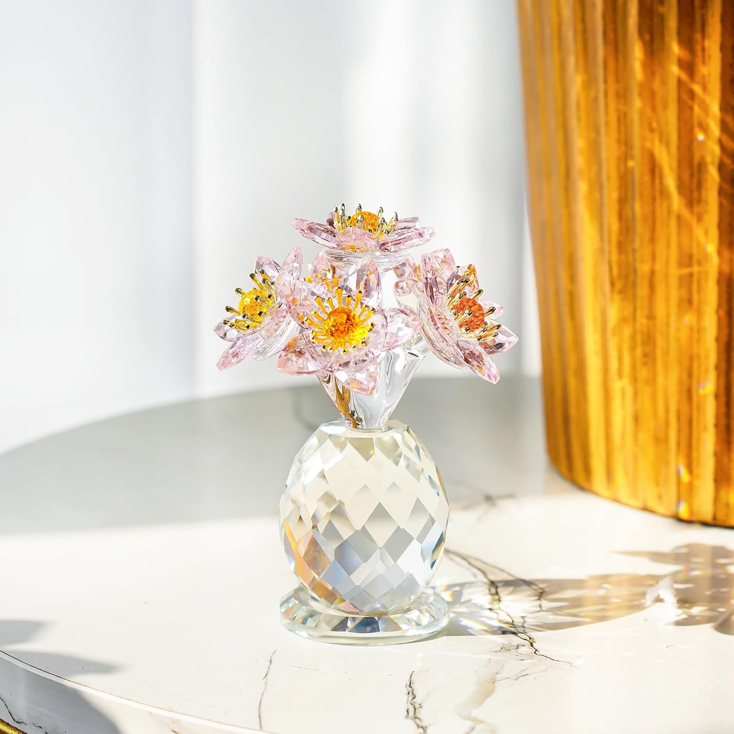 Crystal Flower Figurine with Vase 3.8in Tall Glass Flower Figurine Collections Home Decor for Wedding Centerpiece Gift for Women(Pink) - Image 6