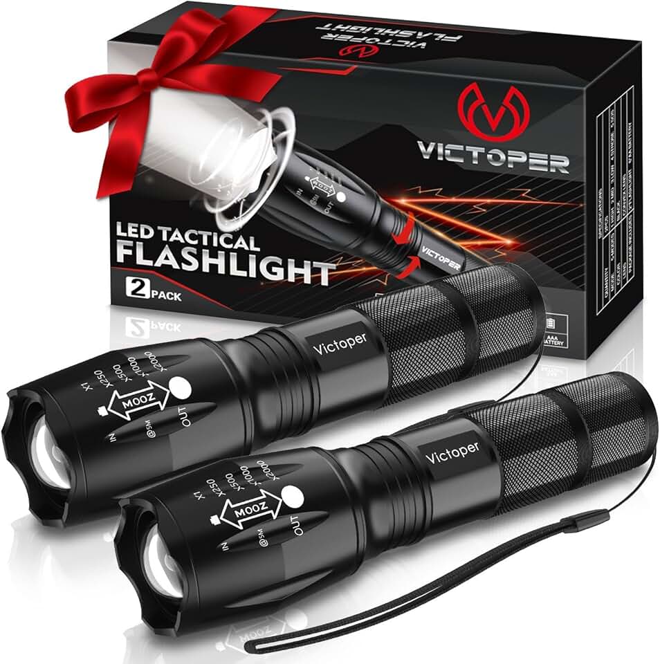 Victoper LED Flashlight 2 Pack, Bright Tactical Torch High Lumens with 5 Modes, Waterproof Zoomable Flash Light for Outdoor, Gifts for Father's Day, Dorm Room Hiking Camping Essentials Gear for Guys